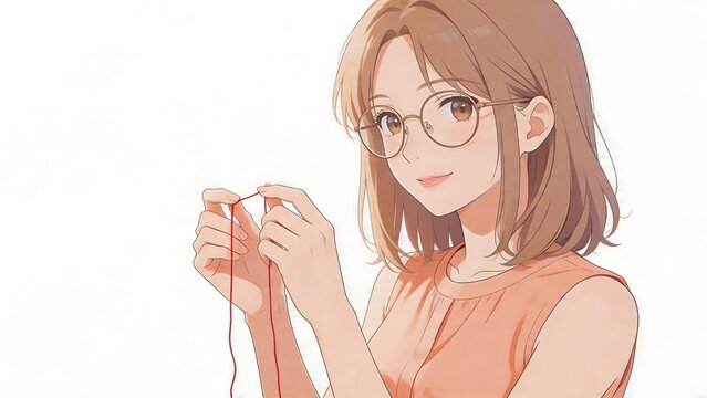 Anime girl knitting with red thread