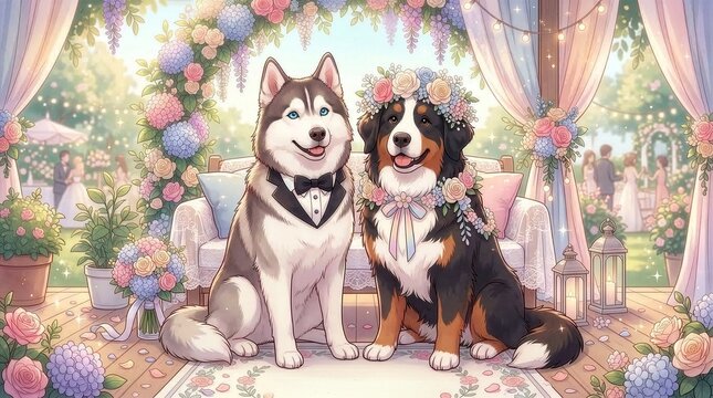 成犬のハスキーとバーニーズのハッピーウエディング/エレガントな光/演出ムービー向け