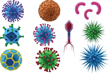 Realistic 3D Virus and Bacteria Cell Collection featuring Coronavirus, Bacteriophage, and Diverse Pathogen Microorganism Illustrations for Scientific and Medical Design Projects. © MdNazmul