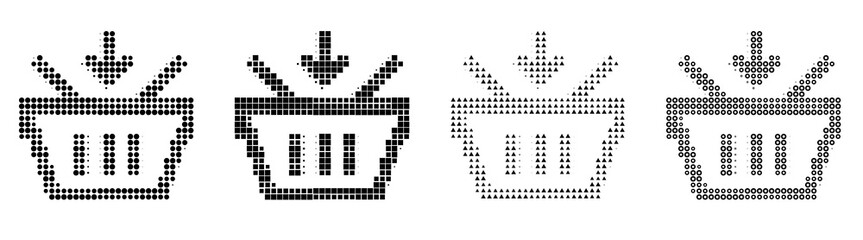 Fototapeta premium Retro halftone icon collection - add to shopping basket. Shopping retail store and consumer commerce. Vintage dot pattern illustration. Bold pop art aesthetic.