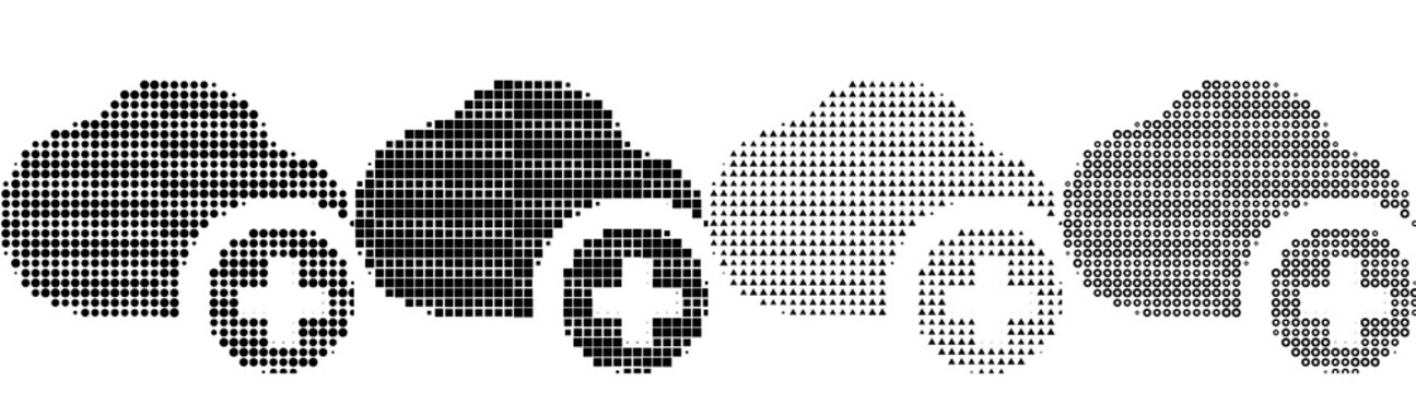 Risograph style halftone icons - add to loud. Network connection and digital technology. Editorial vector design. Gritty halftone texture. Classic comic book look.