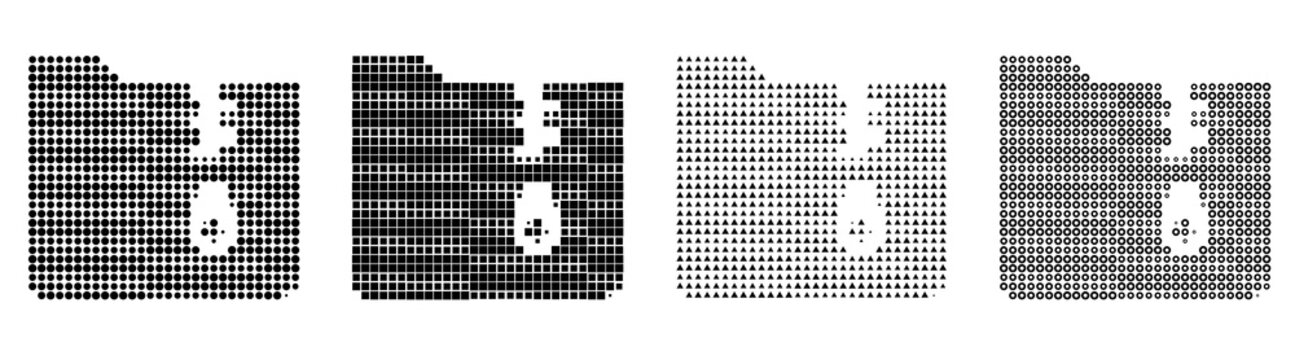 Pop art comic icons featuring archive folder. Folders and files document storage. Comic book style design. Classic comic book look. Gritty halftone texture.