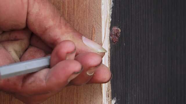 Detailed close up shot of a man's hands performing manual labor. The left hand holds a metal screw in place on a piece of plywood while the right hand uses a screwdriver to tighten it. The footage cap