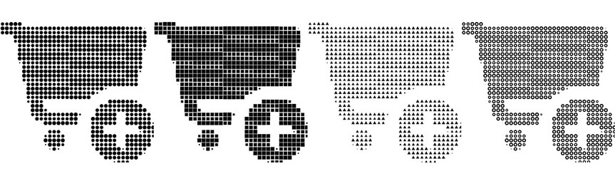 Fototapeta premium Retro halftone icon collection - add shopping cart. Buy sell icon collection and design. Vintage dot pattern illustration. Gritty halftone texture. Classic comic book look.