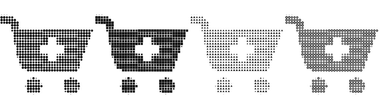 Monochrome halftone icons of add shopping cart on transparent background. E commerce icon collection and design. Screen-printed retro design. Retro newspaper printing style.