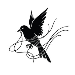 Obraz premium Silhouette of a flying bird entangled in string. Wildlife conservation concept vector illustration. Isolated graphic element