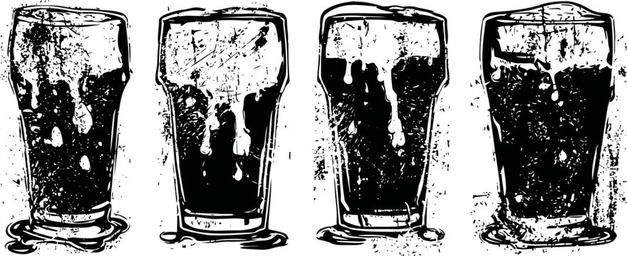 four pint glasses filled with dark beer with foam on top arranged in a row