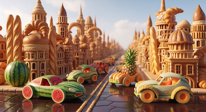 Whimsical food cityscape with fruit cars and bread buildings under blue sky transparent background