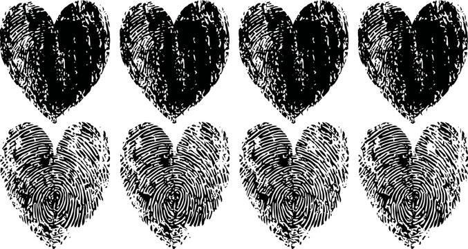 Fingerprint heart shapes in black ink, unique love symbols with textured grunge design