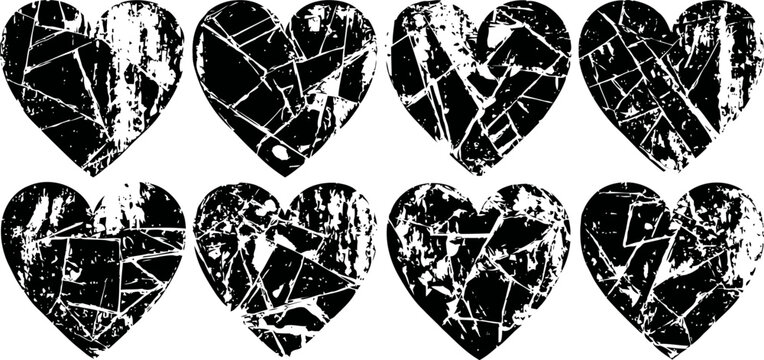 grunge cracked black hearts set distressed textured love and broken heart vector shapes collection