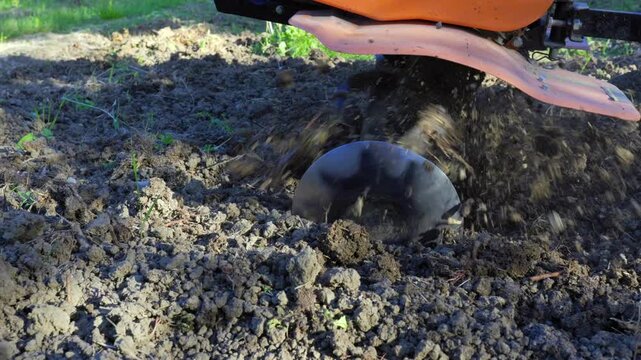 A detailed, slow-motion effect shot of a power tiller's metal blades rotating and digging deep into the earth, breaking up large chunks of soil.