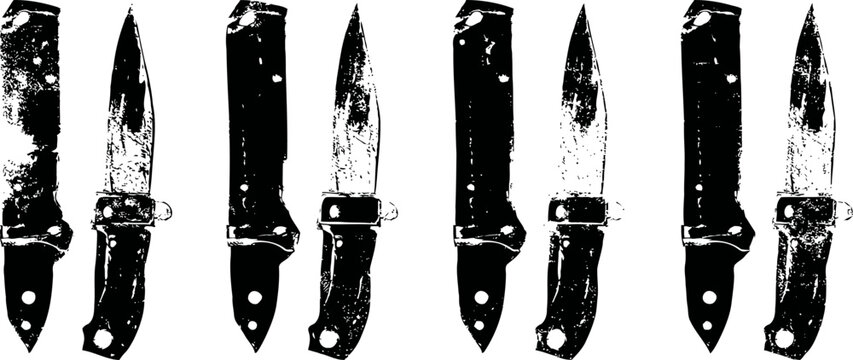 Grunge knife silhouettes set of worn hunting and kitchen knife icons with distressed texture and rustic