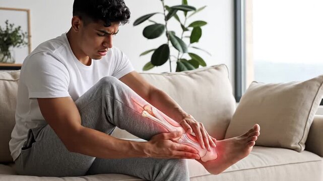 Young man experiencing leg pain and inflammation at home in a series of relatable medical discomfort scenes