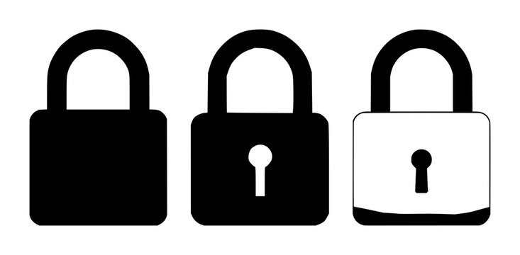 Secure checkout padlock icon set with solid black figure on white background featuring security, digital, e-commerce with lock and key