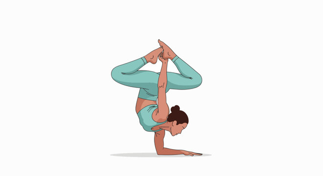 A woman in teal athletic wear performs a handstand with one leg bent behind her on a plain white background.