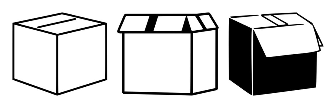 Delivery box parcel icon set with solid black graphic on white background featuring icon, parcel, delivery with vector and illustration