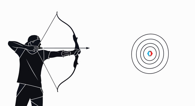 Silhouette of a person aiming a bow and arrow at a target on a white background with geometric lines.