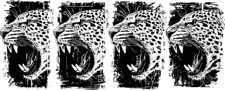 roaring leopard head illustration in black and white with fierce open mouth and sharp teeth details