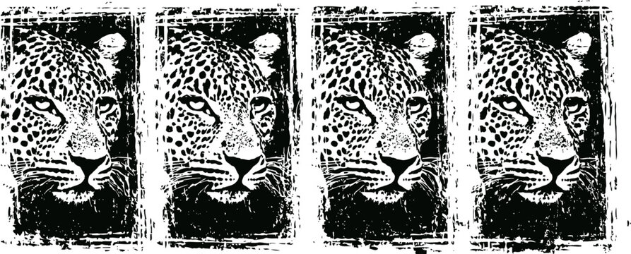 black and white creative leopard face art with grunge texture and rough edges in repeated four panels design