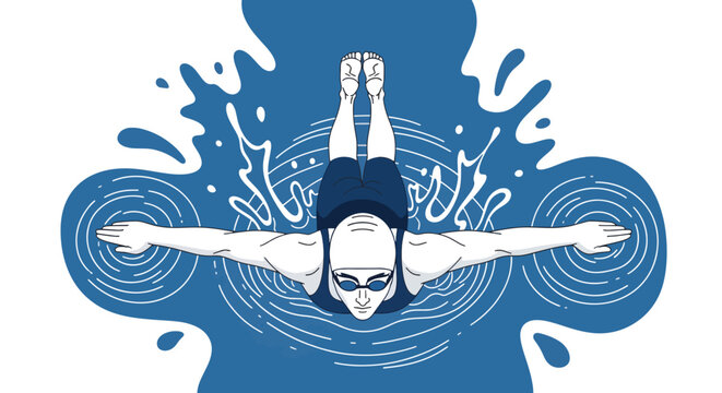 Illustration of a swimmer diving into water with a splash, depicted in a blue and white color scheme with dynamic lines.