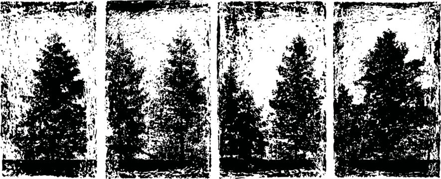 black and white grunge silhouettes of tall pine trees in a vertical sequence with textured backgrounds