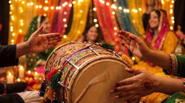 Close up of hands playing a traditional decorated dhol drum