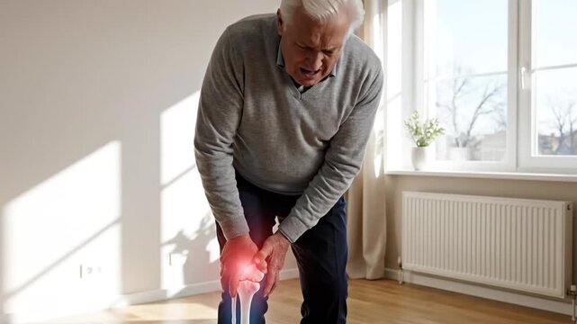 Elderly Man Experiencing Knee Pain and Discomfort During Indoor Exercise