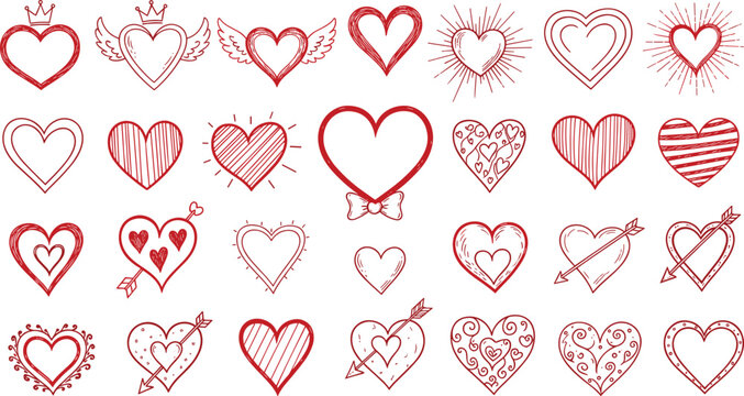 Decorative Heart Icon Collection with Wings Arrows Crowns Patterns and Romantic Love Symbols for Valentine Cards Wedding Designs and Creative Digital Projects.