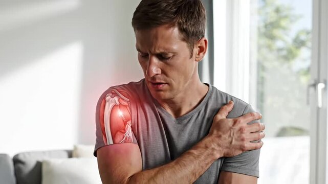 Man Experiencing Shoulder Pain and Discomfort Highlighted with Digital Illustration of Injury