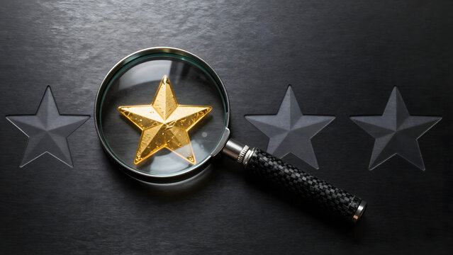 Gold star under magnifying glass, premium quality, golden rating, best choice, gold award, top service, 5 star review, luxury excellence, search for quality, success, feedback, find the best, winner.