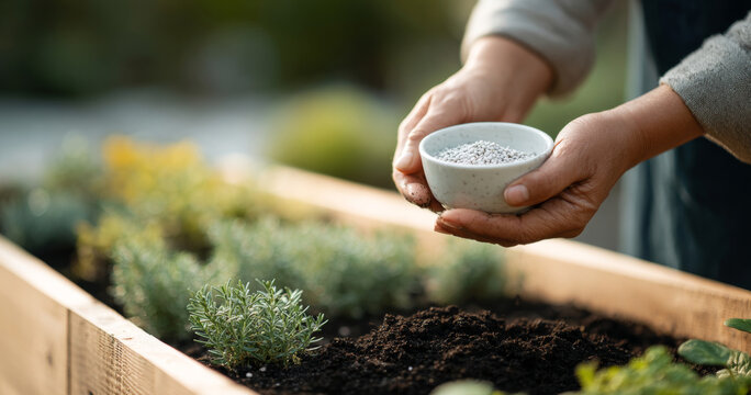Hands Holding Fertilizer Over Garden Soil