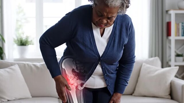 Elderly woman experiencing joint pain correction and relief near her hip indoors