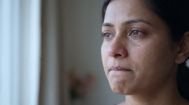 Young woman crying with tears streaming down her face in sadness