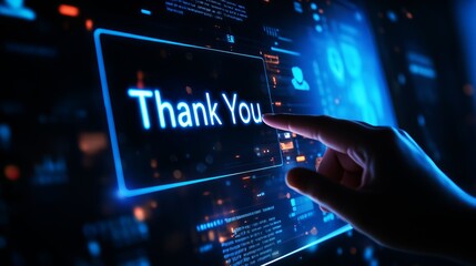Fototapeta premium A finger pressing a digital screen displaying the words Thank You with glowing lights