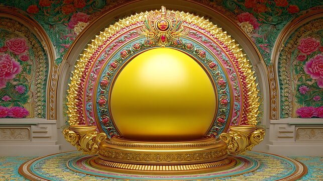 Ornate golden circular frame with floral patterns and pink roses on a decorative wall