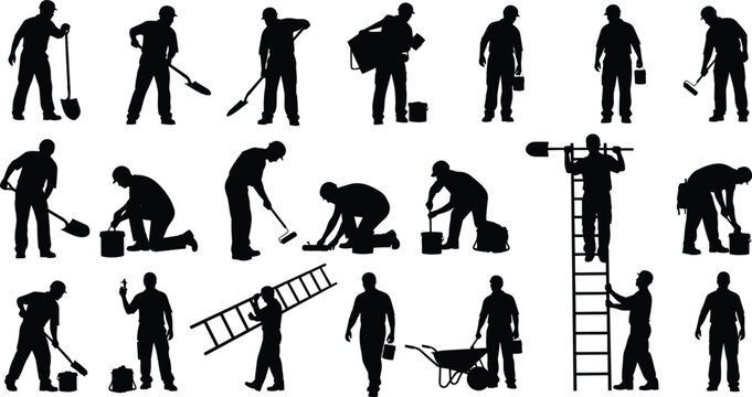Construction worker silhouettes performing various tasks including digging painting and carrying tools isolated on white background for industry design