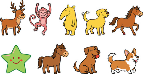 Cute cartoon animal characters set including dog monkey deer horse and star colorful vector illustration for children design © MostMeskatun