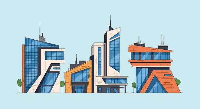 Row of three modern multi story buildings with unique architectural designs and glass windows against a light blue sky.