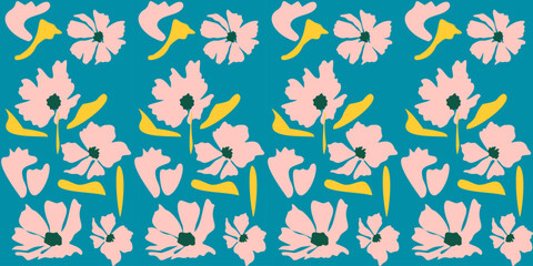 Fototapeta premium A seamless floral pattern design featuring a colorful nature illustration with flowers, leaves, and summer plants for a vector wallpaper texture