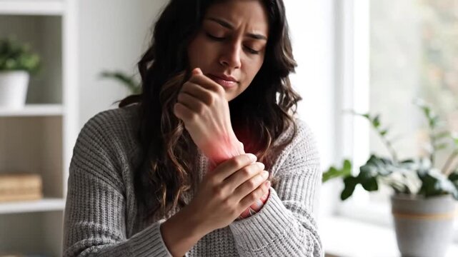 Woman experiencing wrist pain while applying wrist brace for injury relief