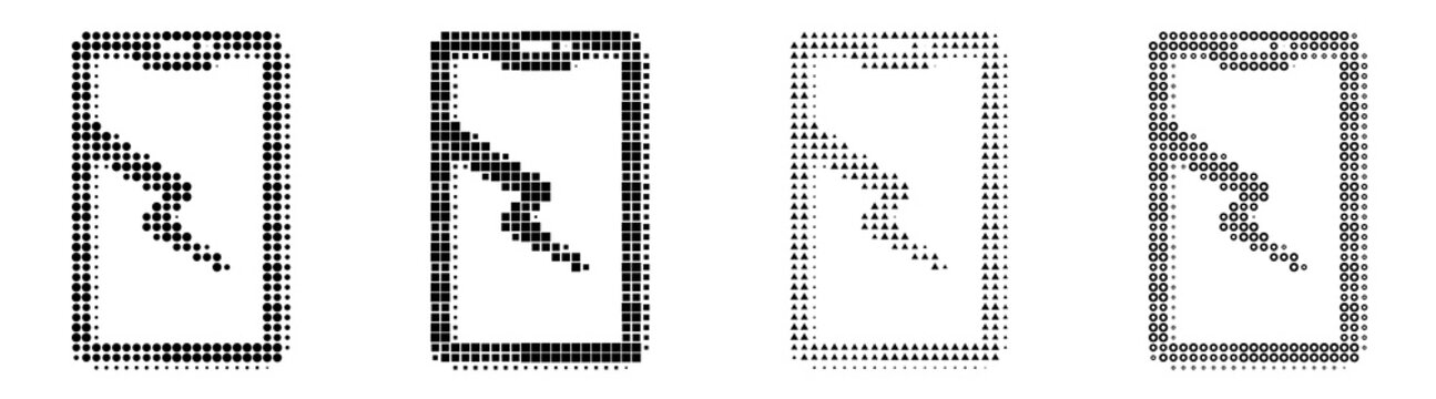 Retro halftone icon collection - broken phone. Mobile device icon collection and design. Vintage dot pattern illustration. High-contrast monochrome detail.