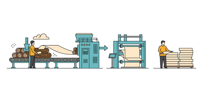 Wood processing factory assembly line with workers handling logs and finished wooden planks in an industrial setting.