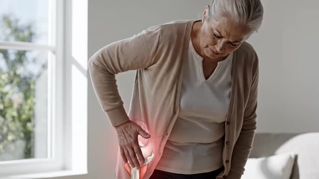 Elderly Woman Experiencing Sudden Back Pain at Home a Reflection on Joint Discomfort and Aging Challenges