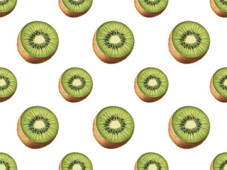 Fototapeta premium Watercolor Kiwi Seamless Pattern on White Background, Hand Painted Kiwi Fruit Repeat Pattern Design, Fresh Green Kiwi Slice Watercolor Background