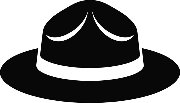 A flat black and white of a classic wide-brimmed ranger hat, also known as a campaign hat, featuring a distinct pinched crown, isolated on a white background, for uniform identification