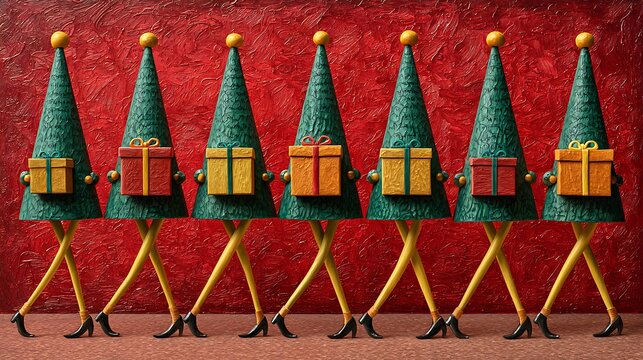 Row of seven stylized tree characters with human legs and heels carrying colorful gifts