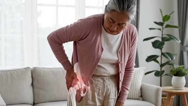 Elderly woman experiencing joint pain at home with digital medical intervention illustrating arthritis symptoms and relief