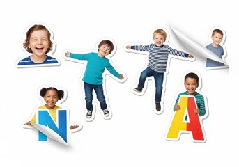 Obraz premium Diverse children learning with colorful alphabet letters fun white background