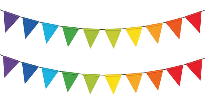 Rainbow colored triangular bunting flags garland for party and celebration isolated on transparent background