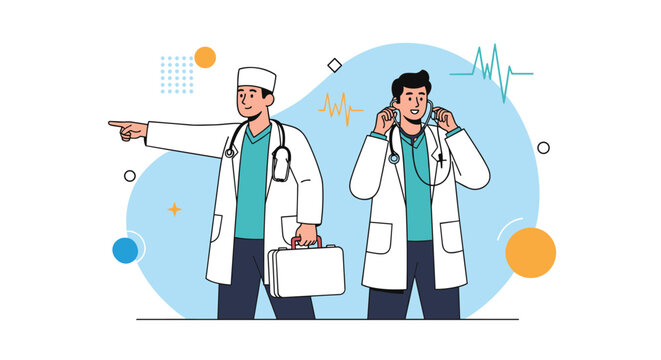 Two professional male doctors wearing white lab coats and stethoscopes standing together in a clinic environment for healthcare services.